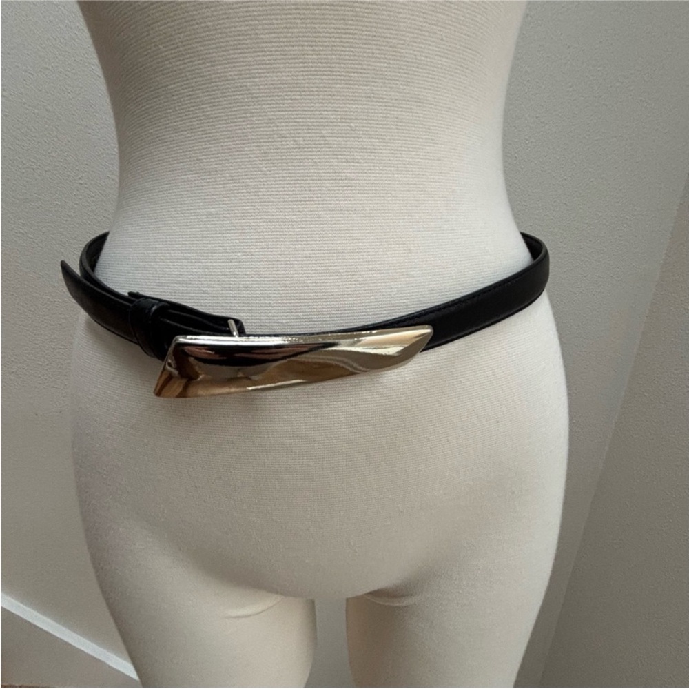 Vintage Leather Sculptural Belt Jane Klein Liquid Metal Gold Silver Y2K Black